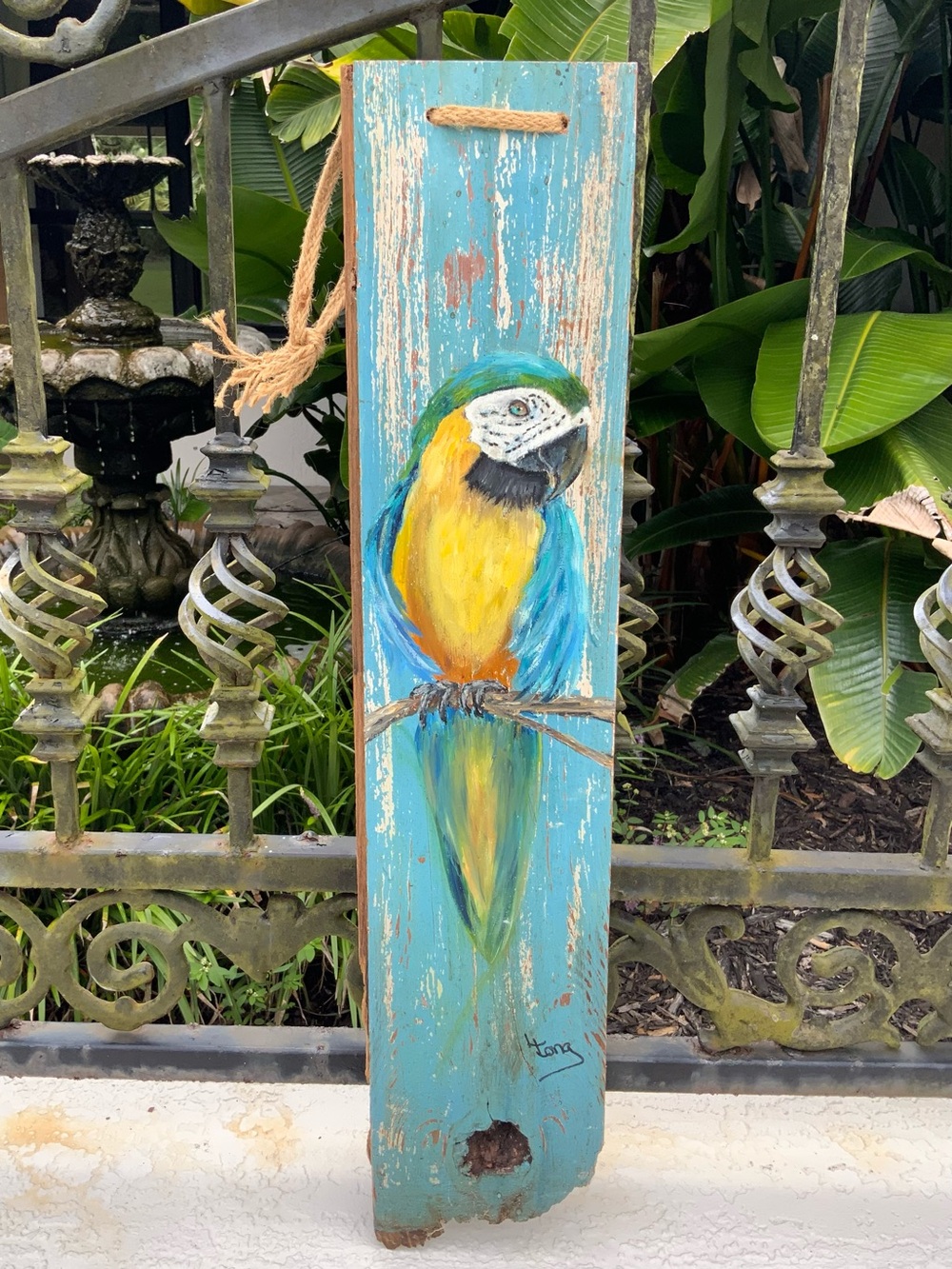 Blue and Gold Macaw Parrot Wall Art - Hand-Painted Tropical Bird Panel